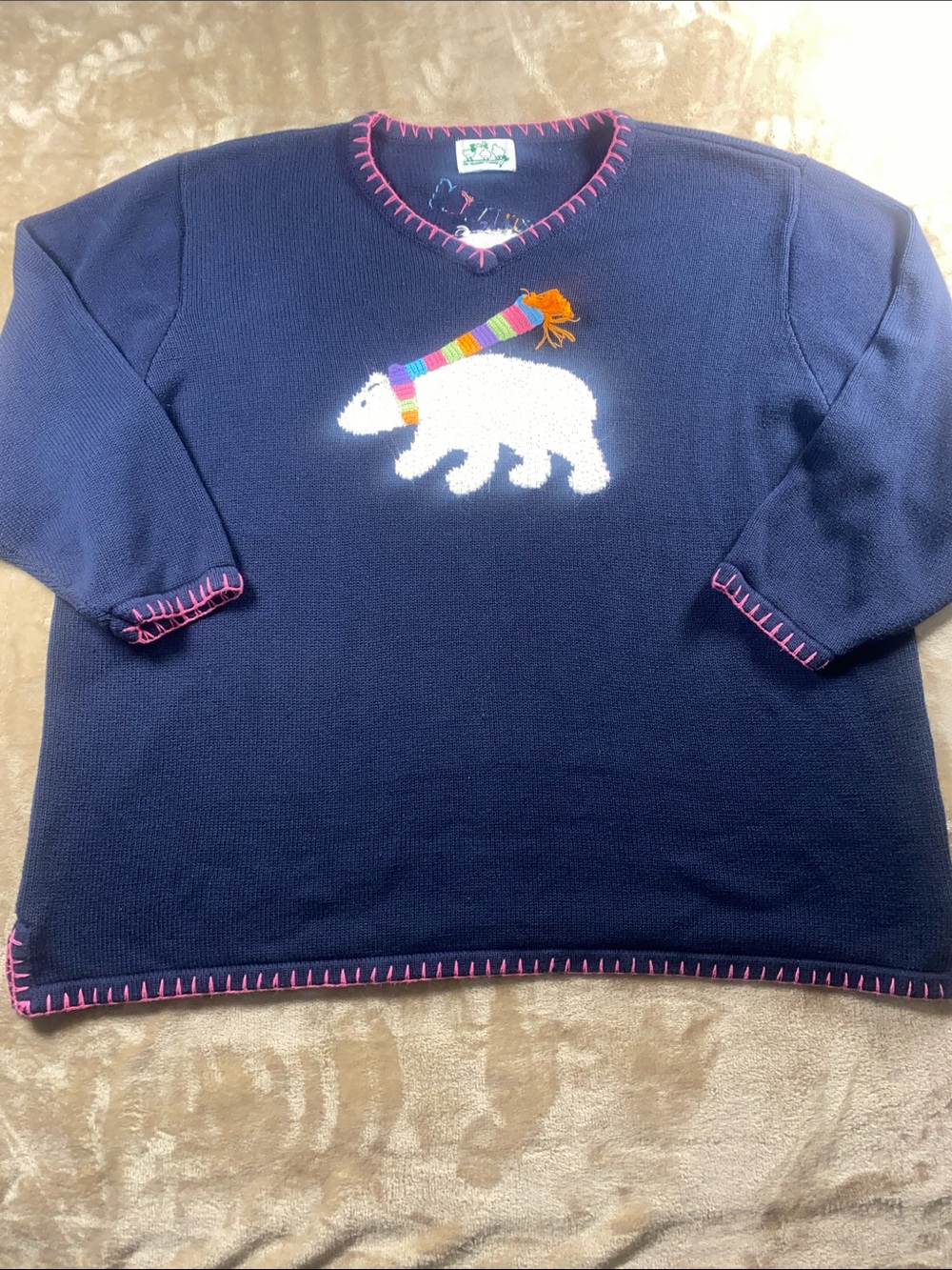 Quacker Factory Navy Sweater with White Polar Bear and Multicolor Scarf